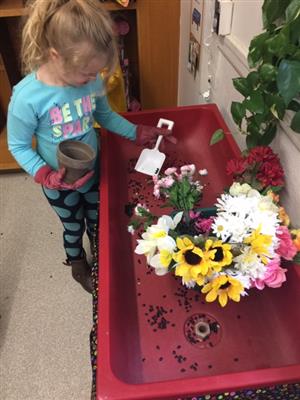 Preschool girl potting fake flowers with plastic shovel and pot 